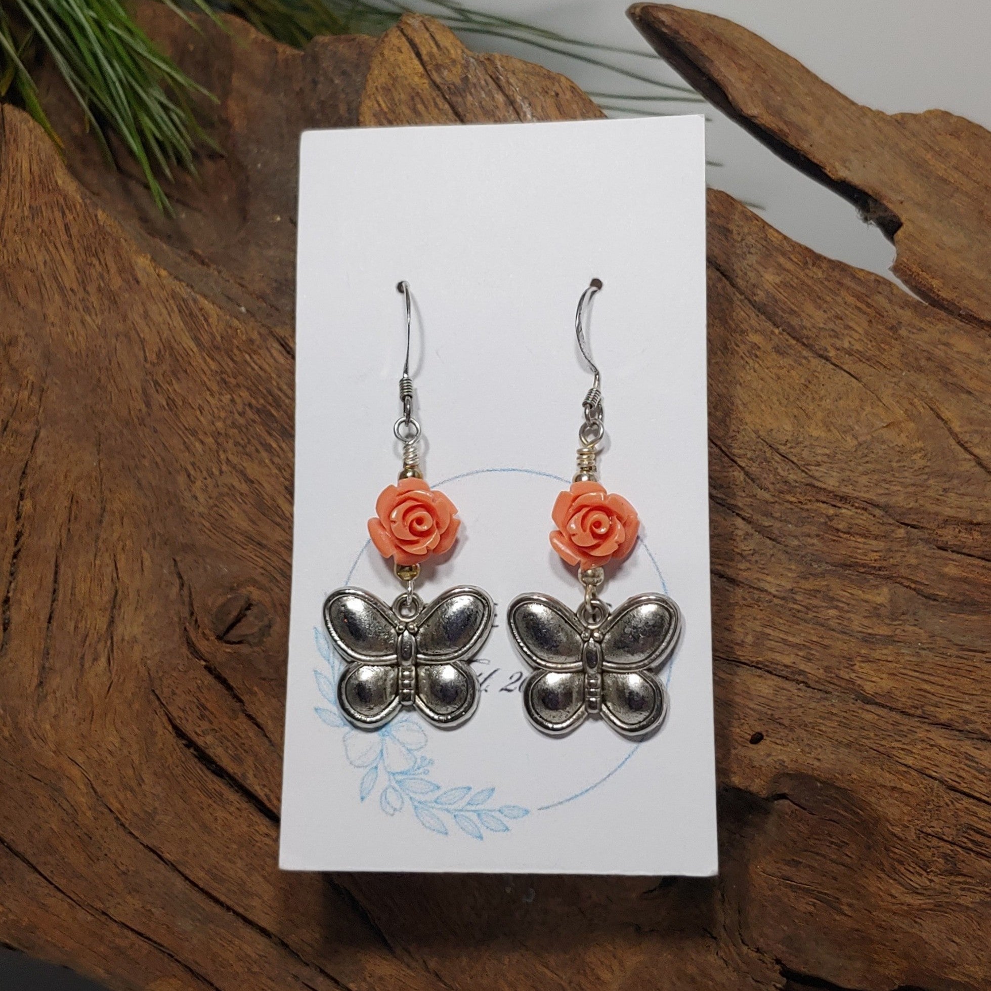 Butterfly w/ Peach Rose Earrings
