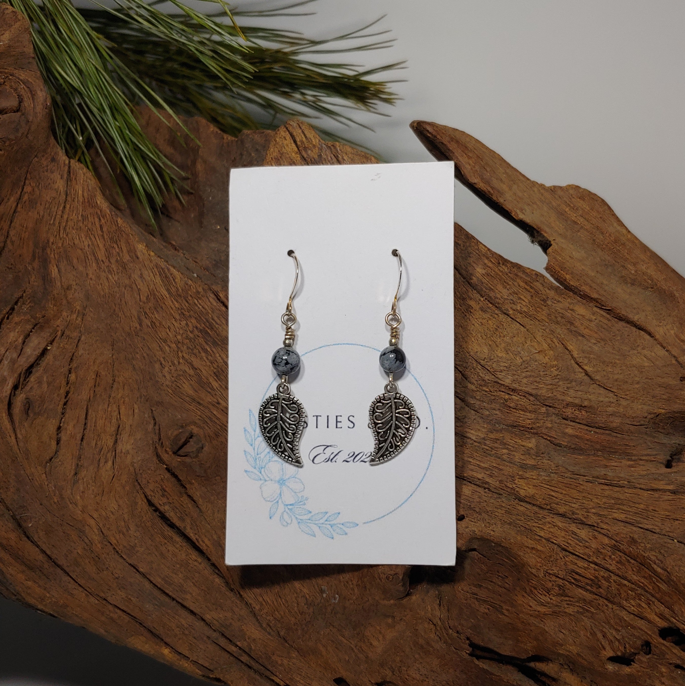 Leaf w/ Snowflake Obsidian Earrings