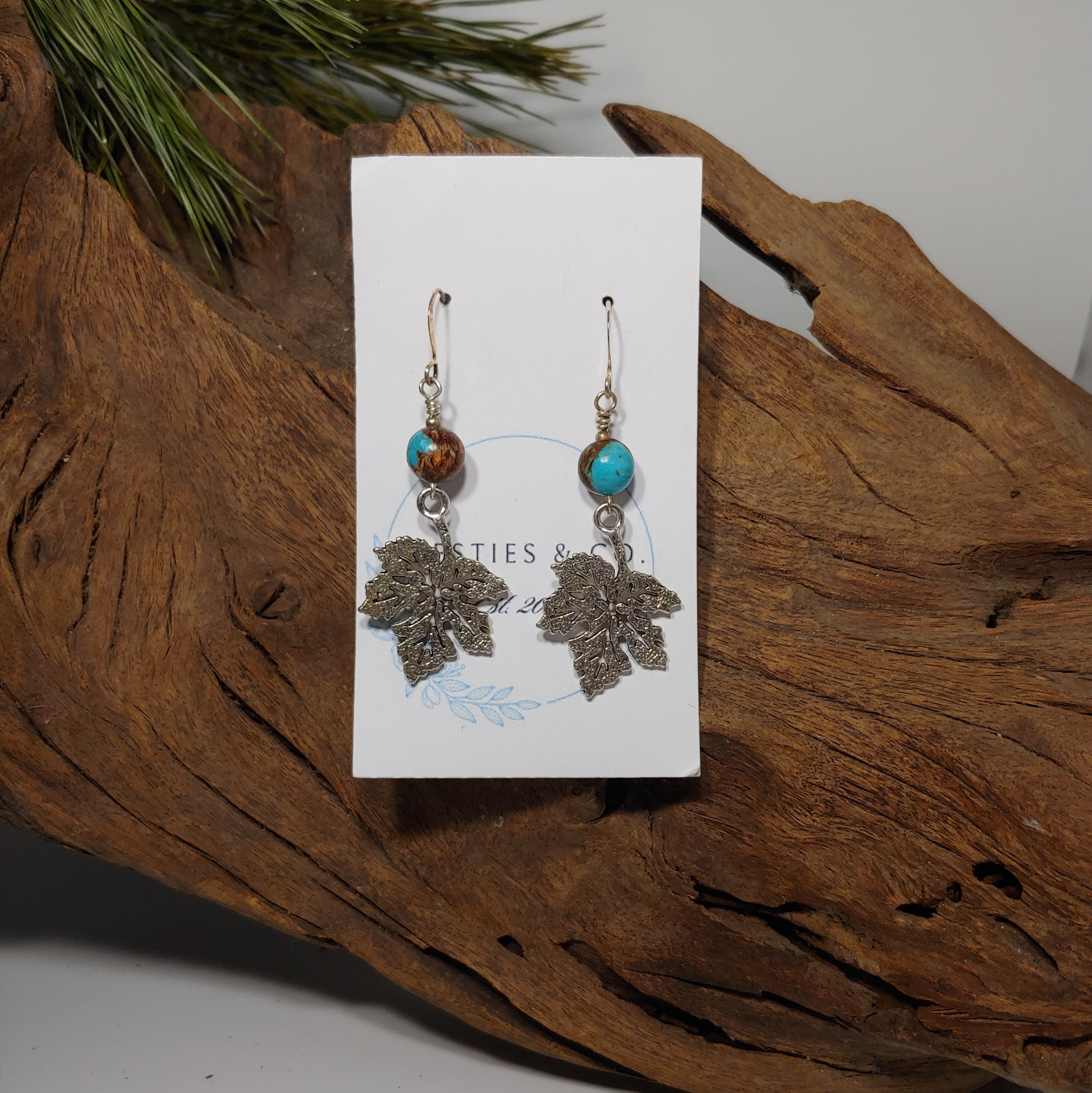 Leaf Earrings w/ mosaic turquise