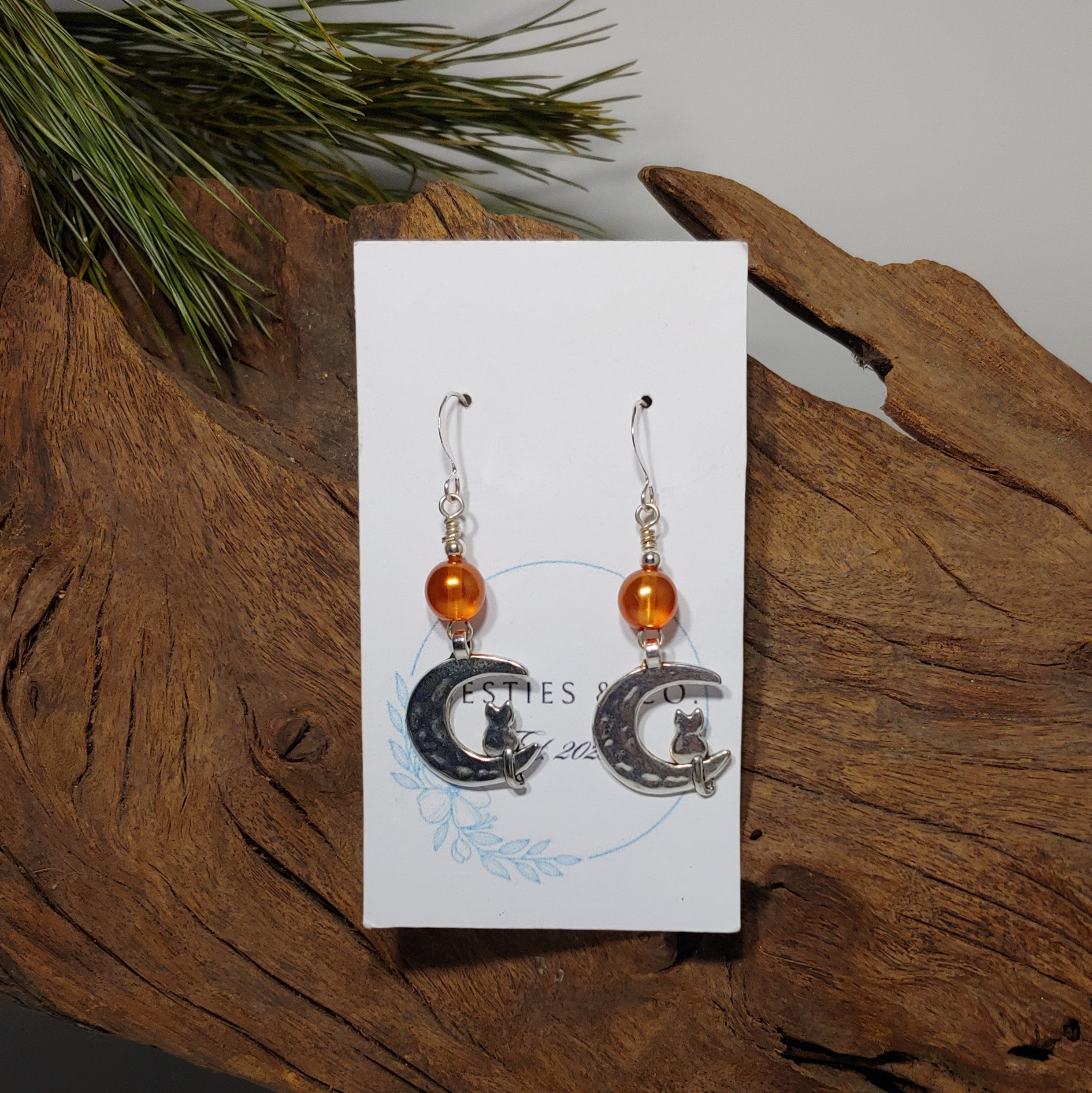 Cat on Crescent Moon Earrings