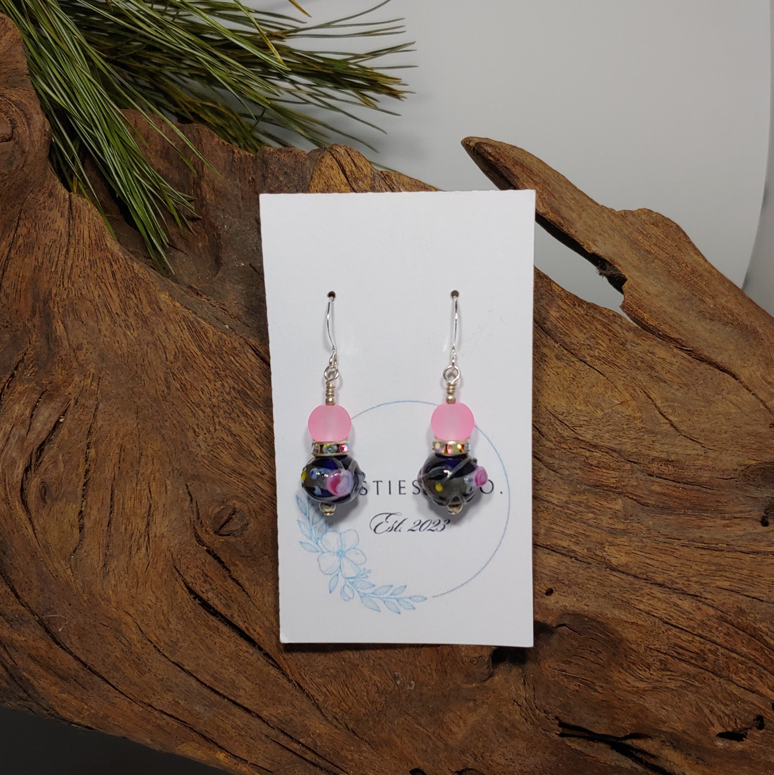 Frosted Pink w/ Black Lampwork Earrings