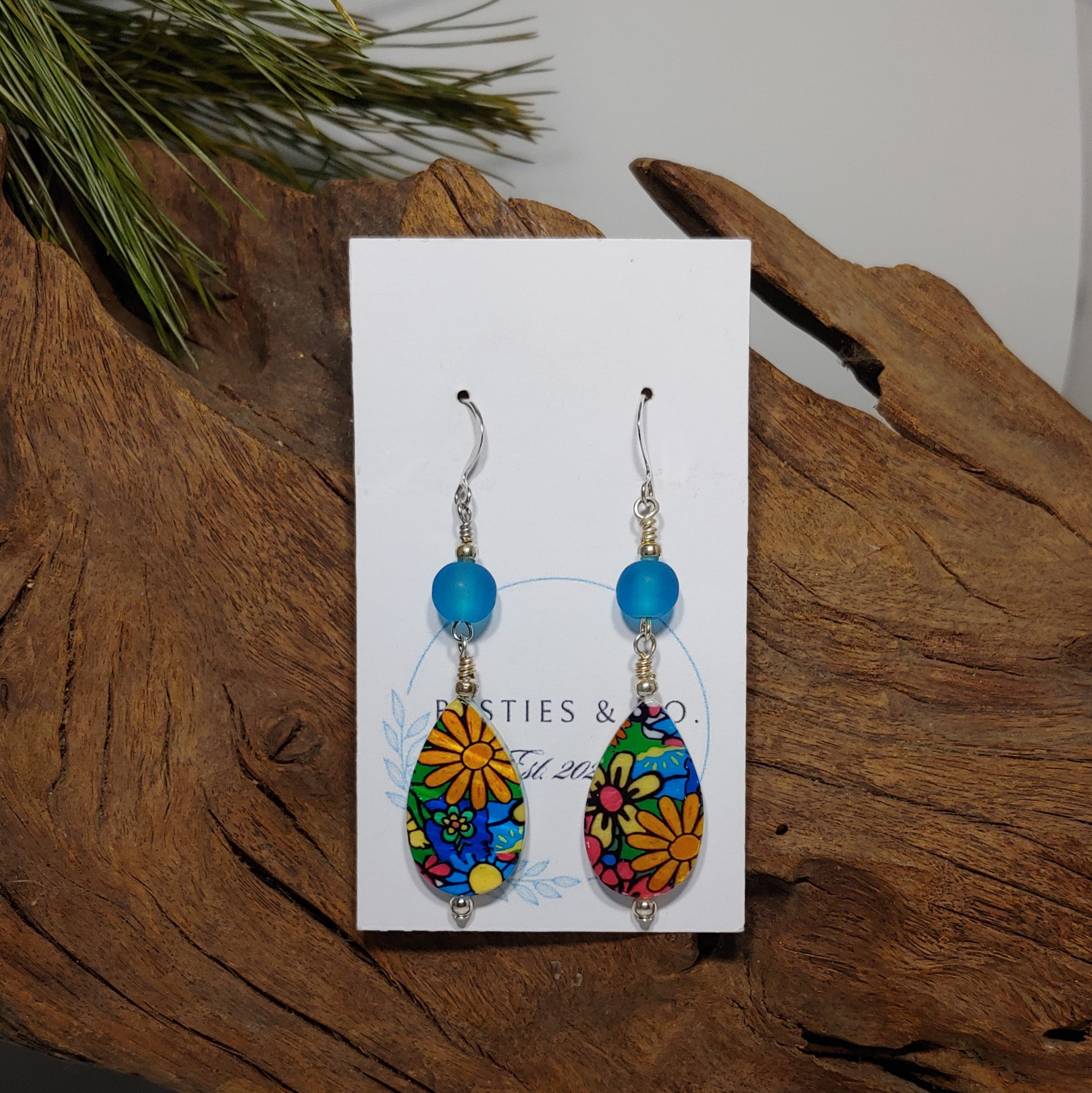 Flower multi color w/Teal Earrings