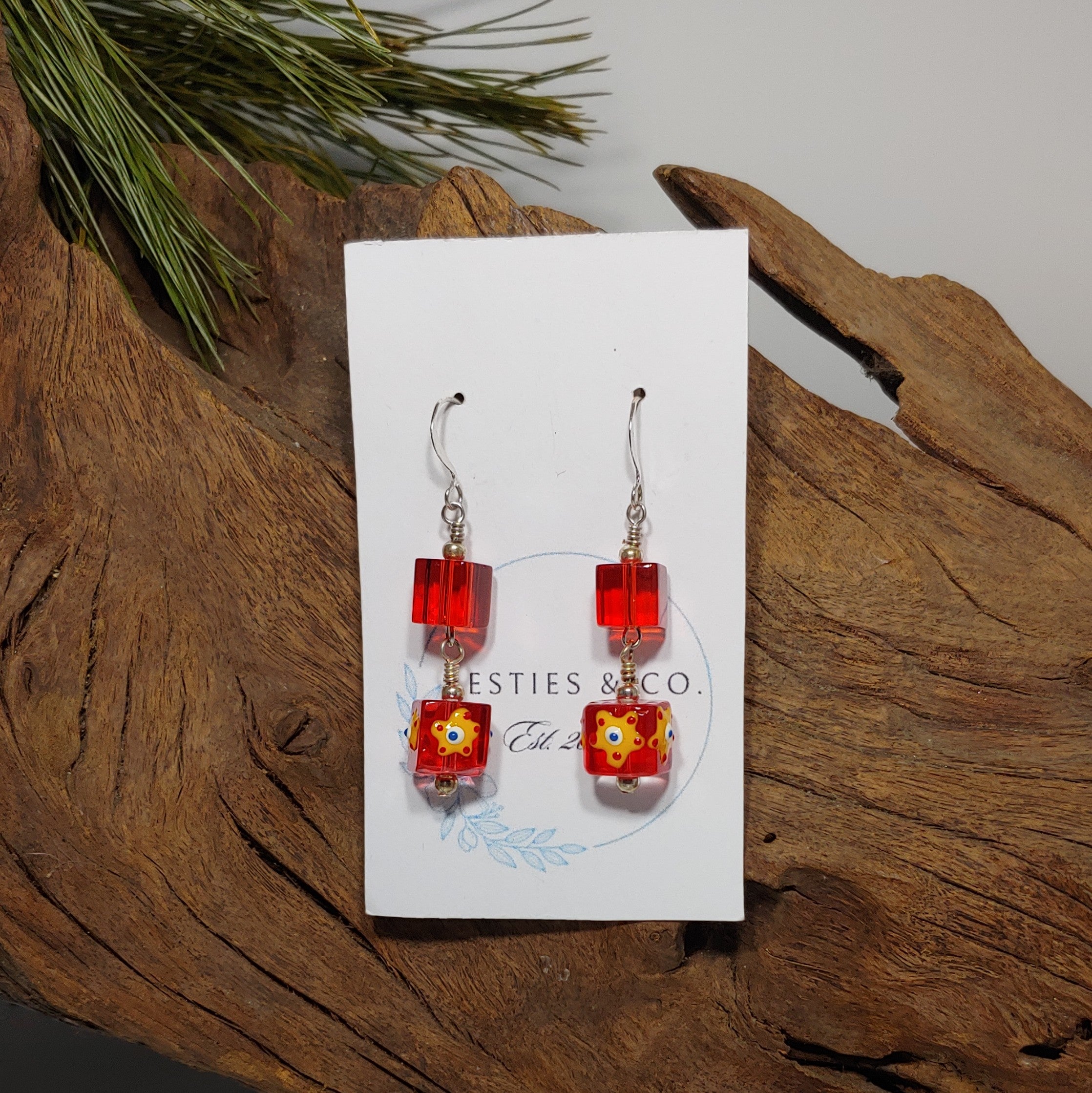 Red Square Glass Earrings