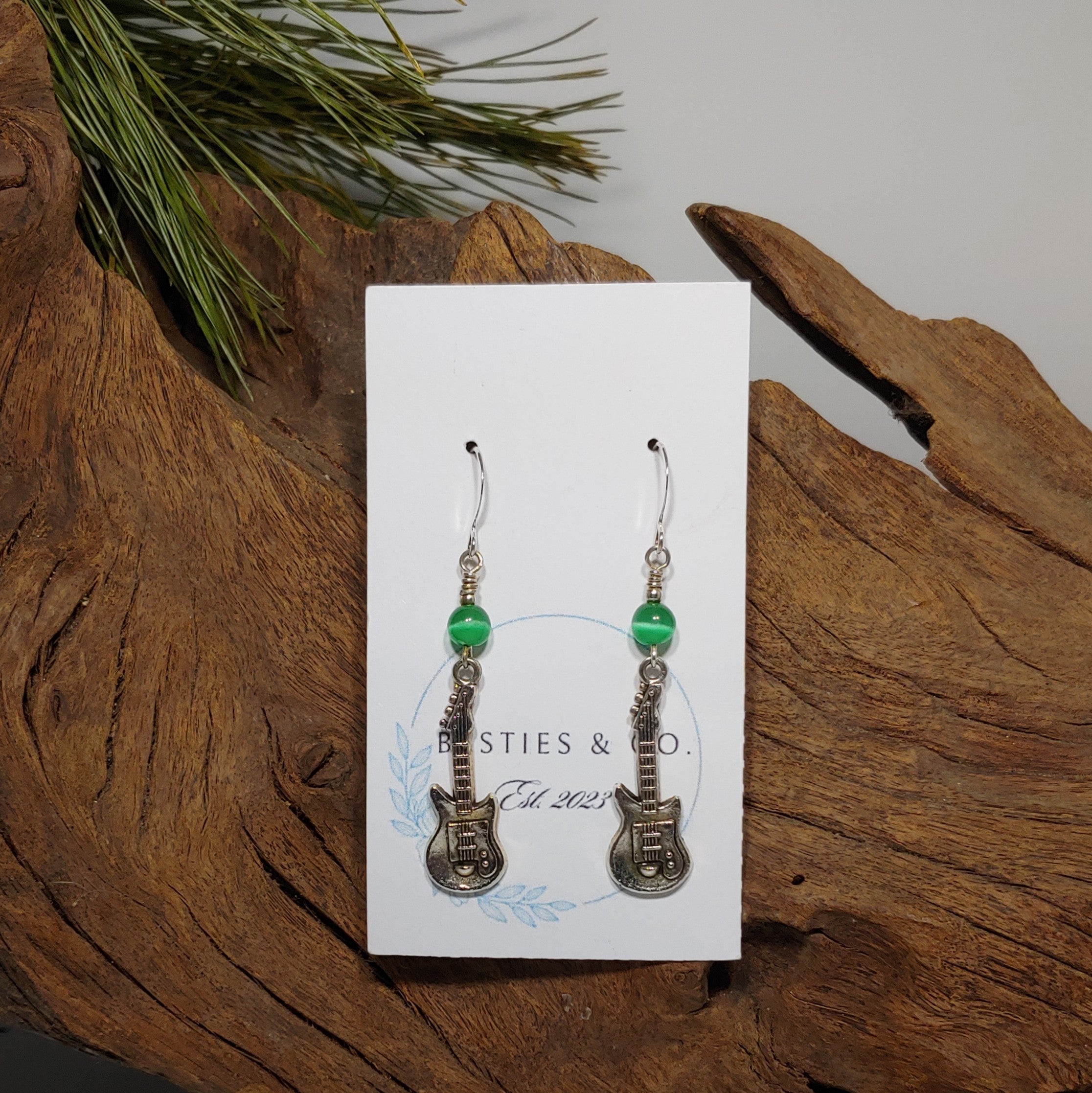 Guitar w/Cat eye Green Earrings