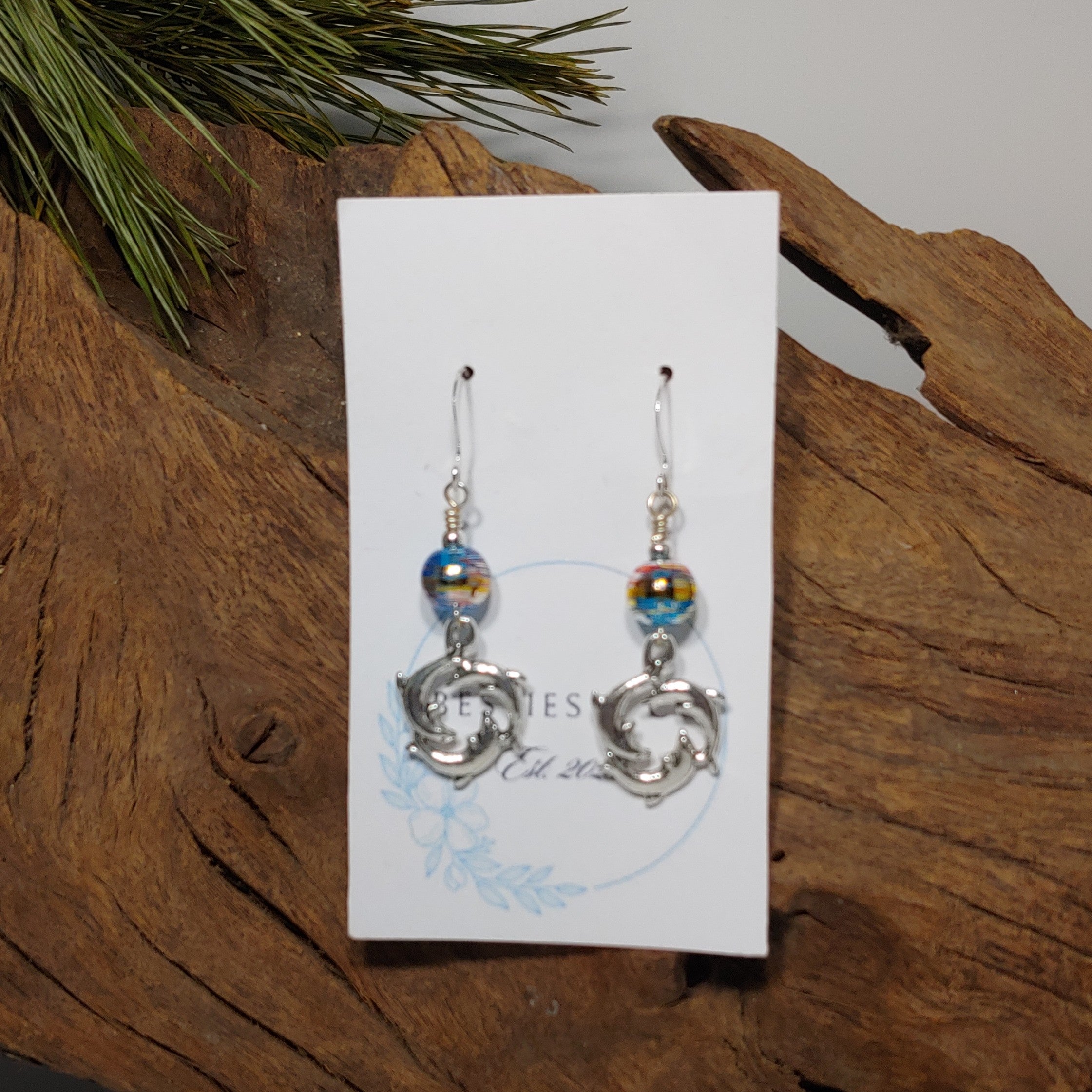 Dolphin Earrings w/multi color beads