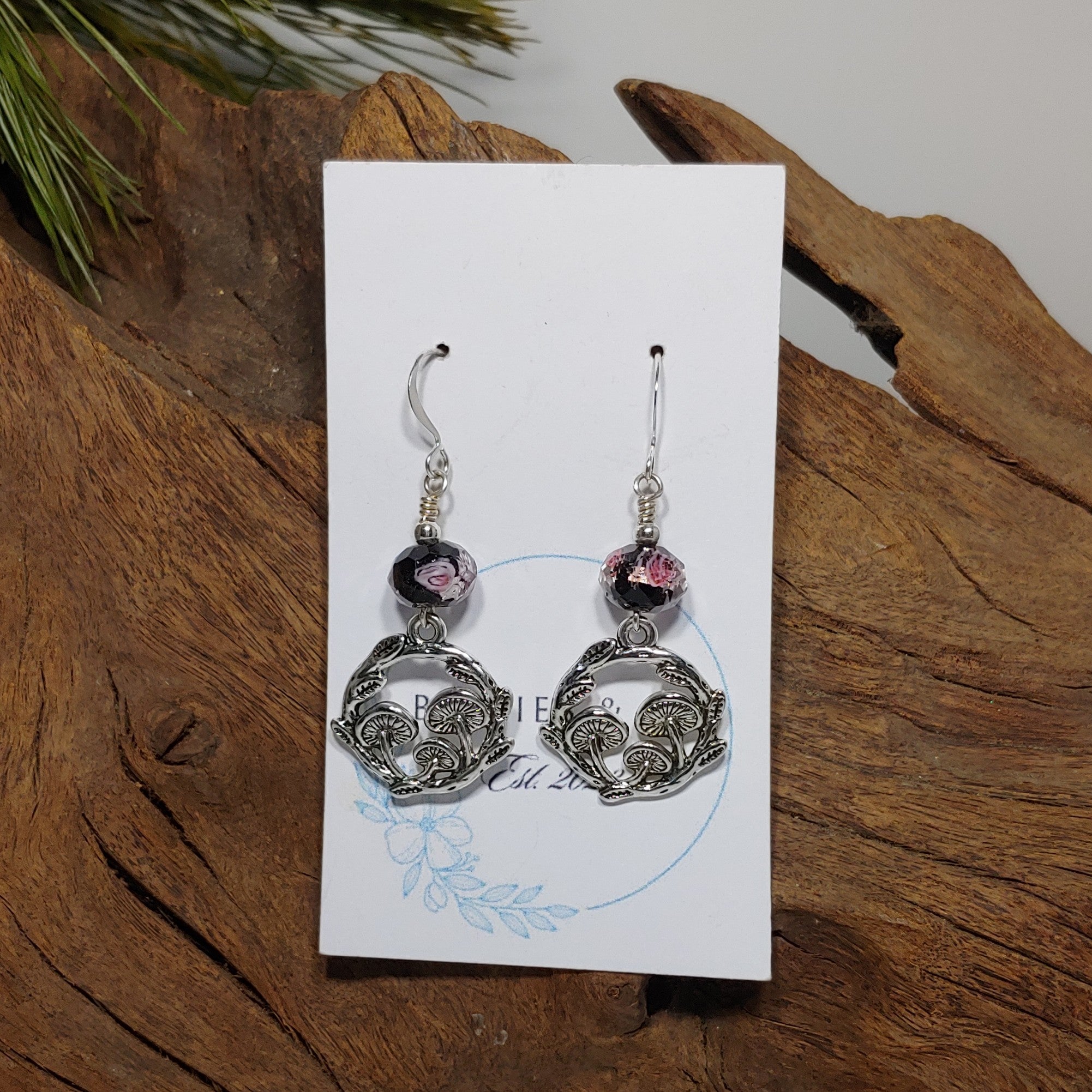 Mushroom w/ Black Bohemian Bead Earrings