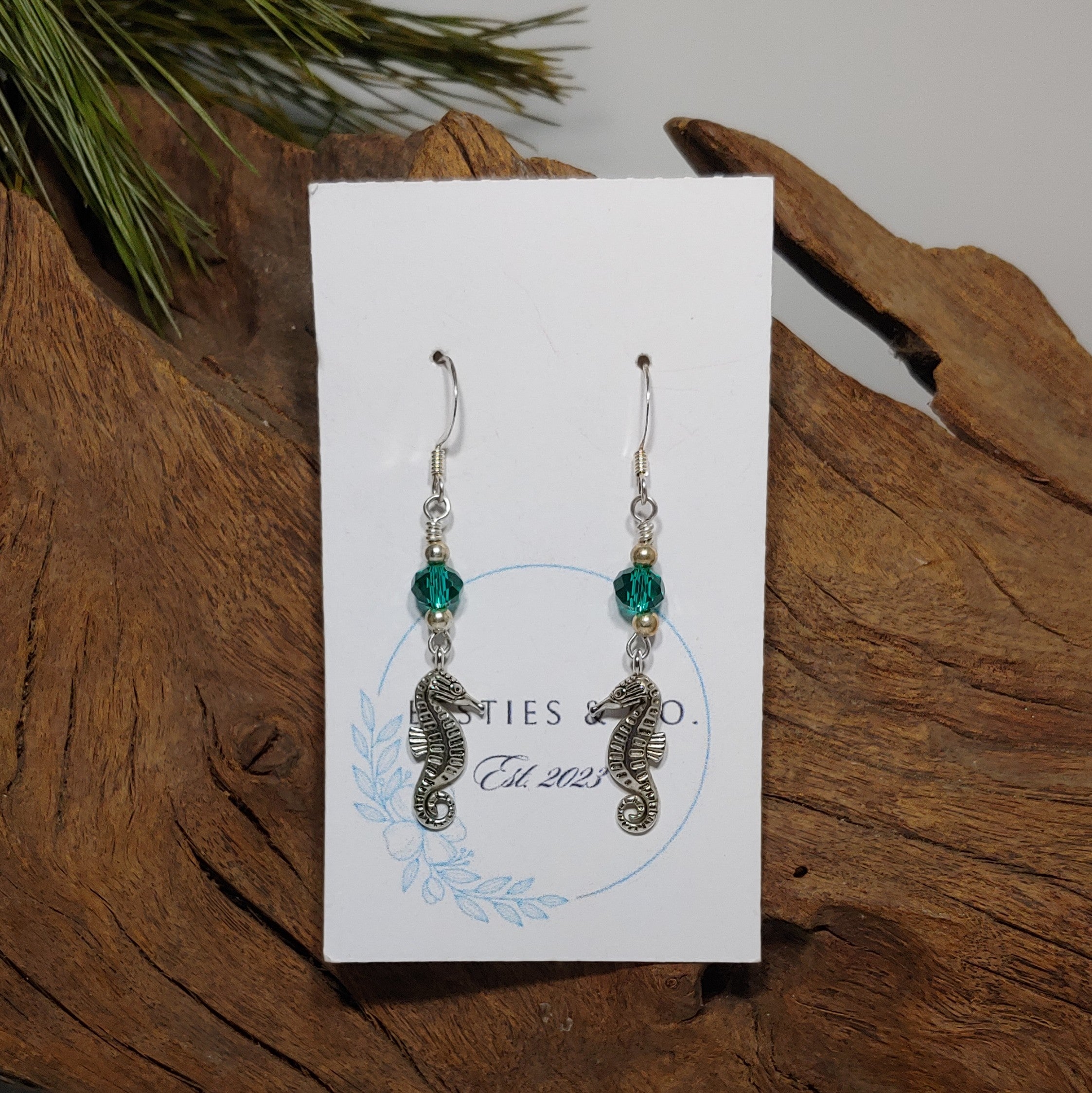 Seahorse w/ Emerald Green glass Earrings