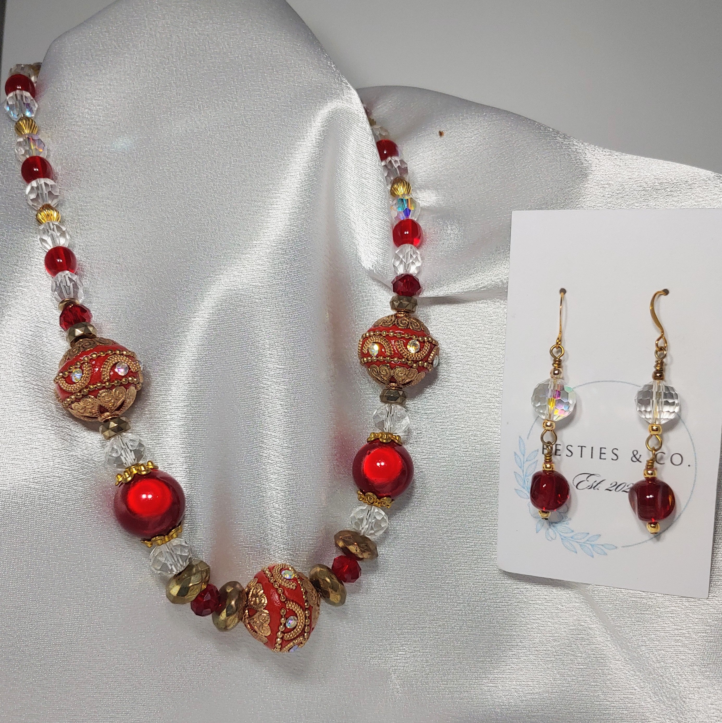Red, Gold and Clear Necklace and Earrings
