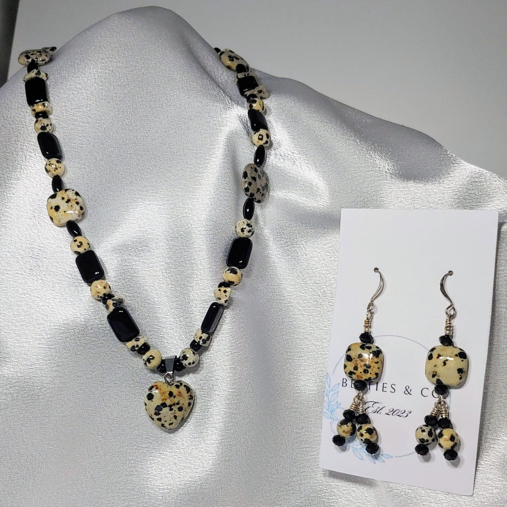 Dalmatian Jasper w/ Black Obsidian Necklace an Earrings