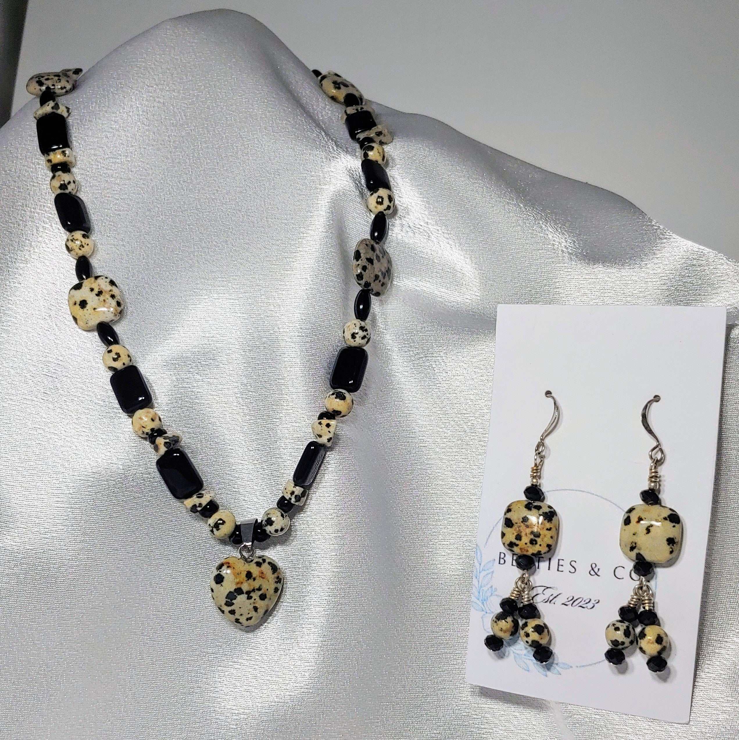 Dalmatian Jasper w/ Black Obsidian Necklace an Earrings