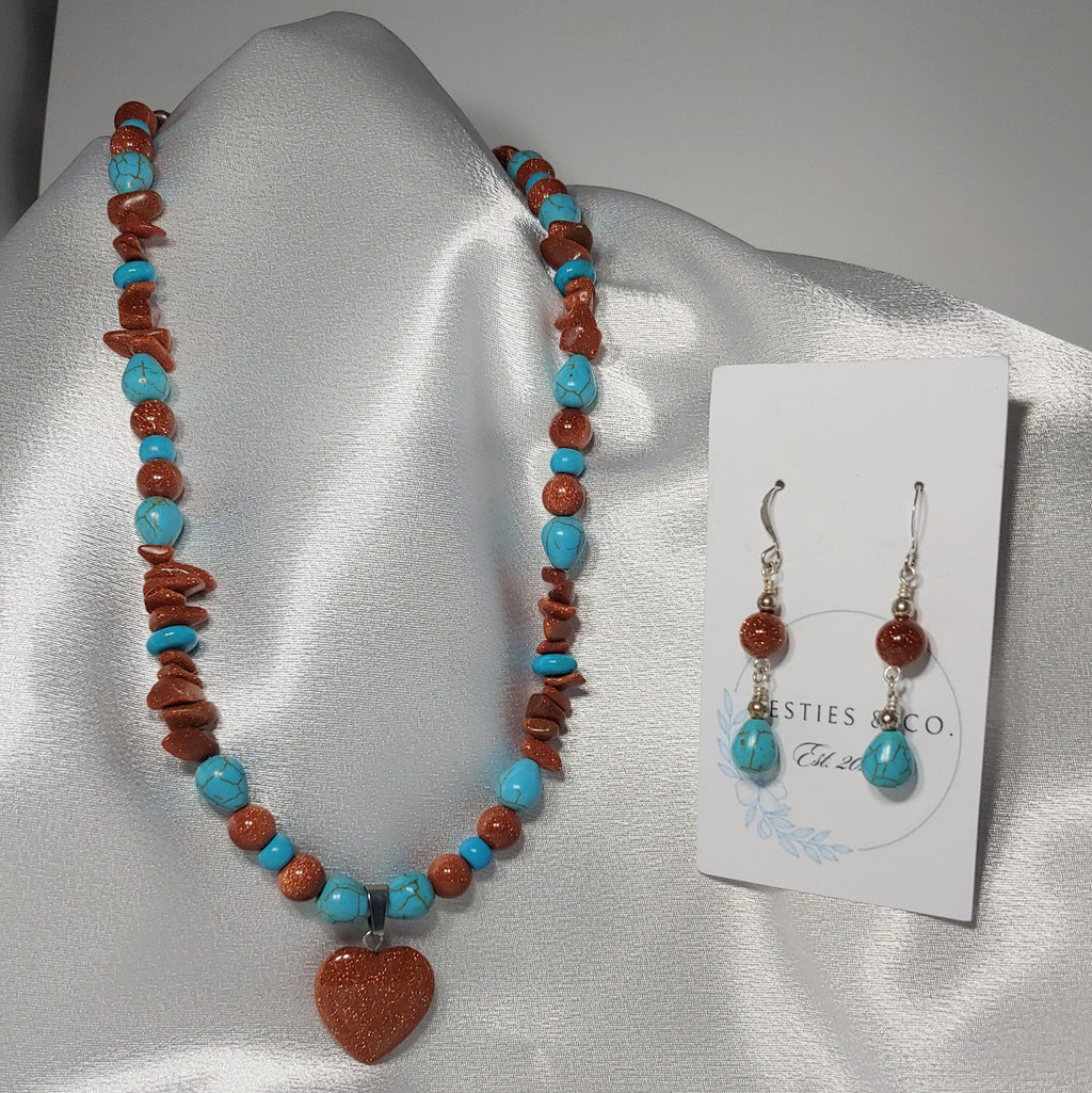 Goldstone Heart w/Turquoise Necklace and Earrings