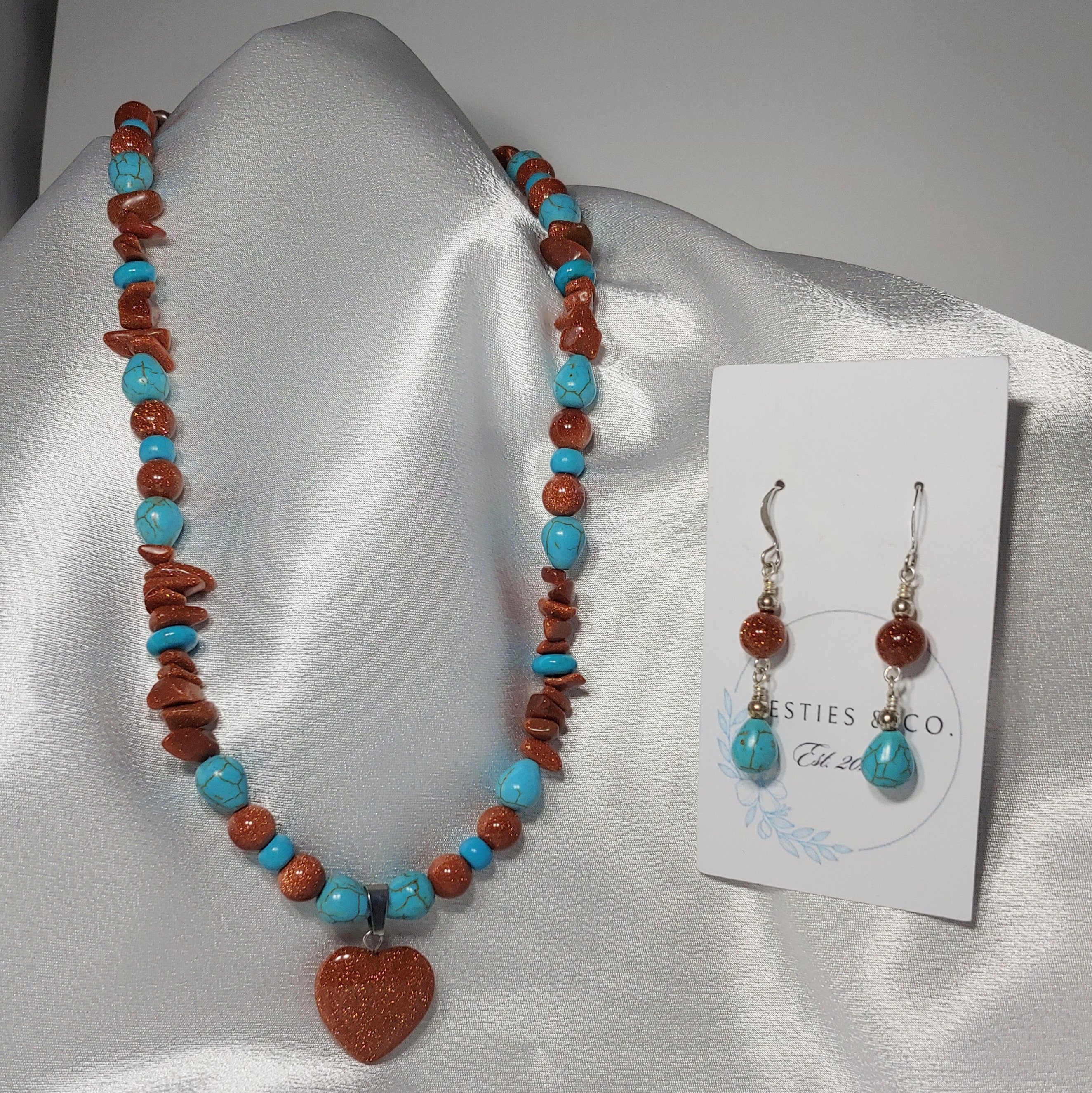 Goldstone Heart w/Turquoise Necklace and Earrings