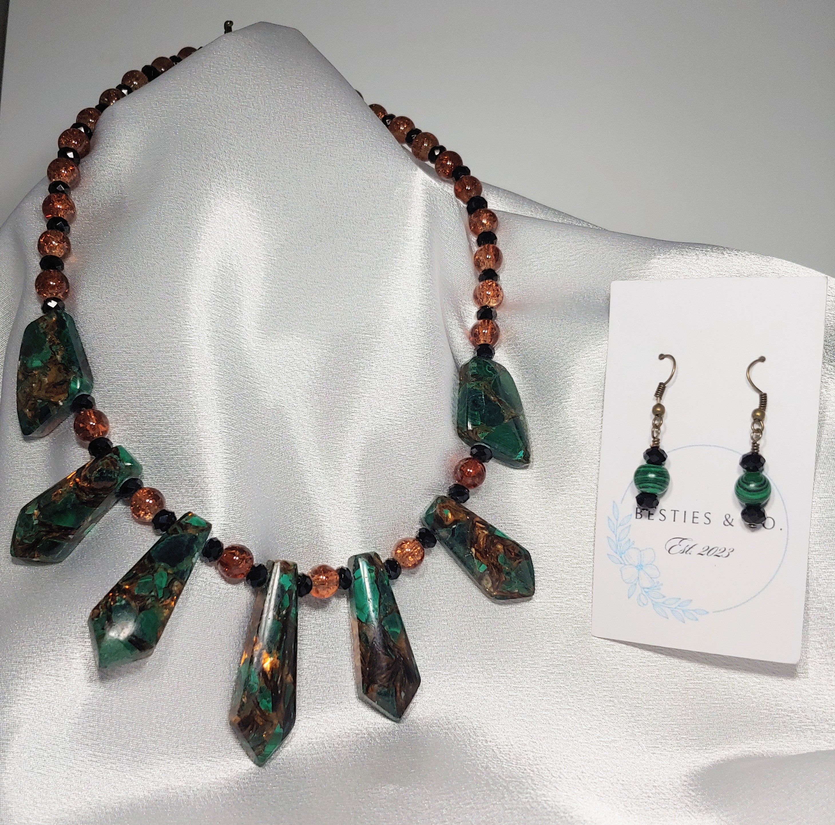 Malachite-Bronzite Mosaic Necklace and Earrings