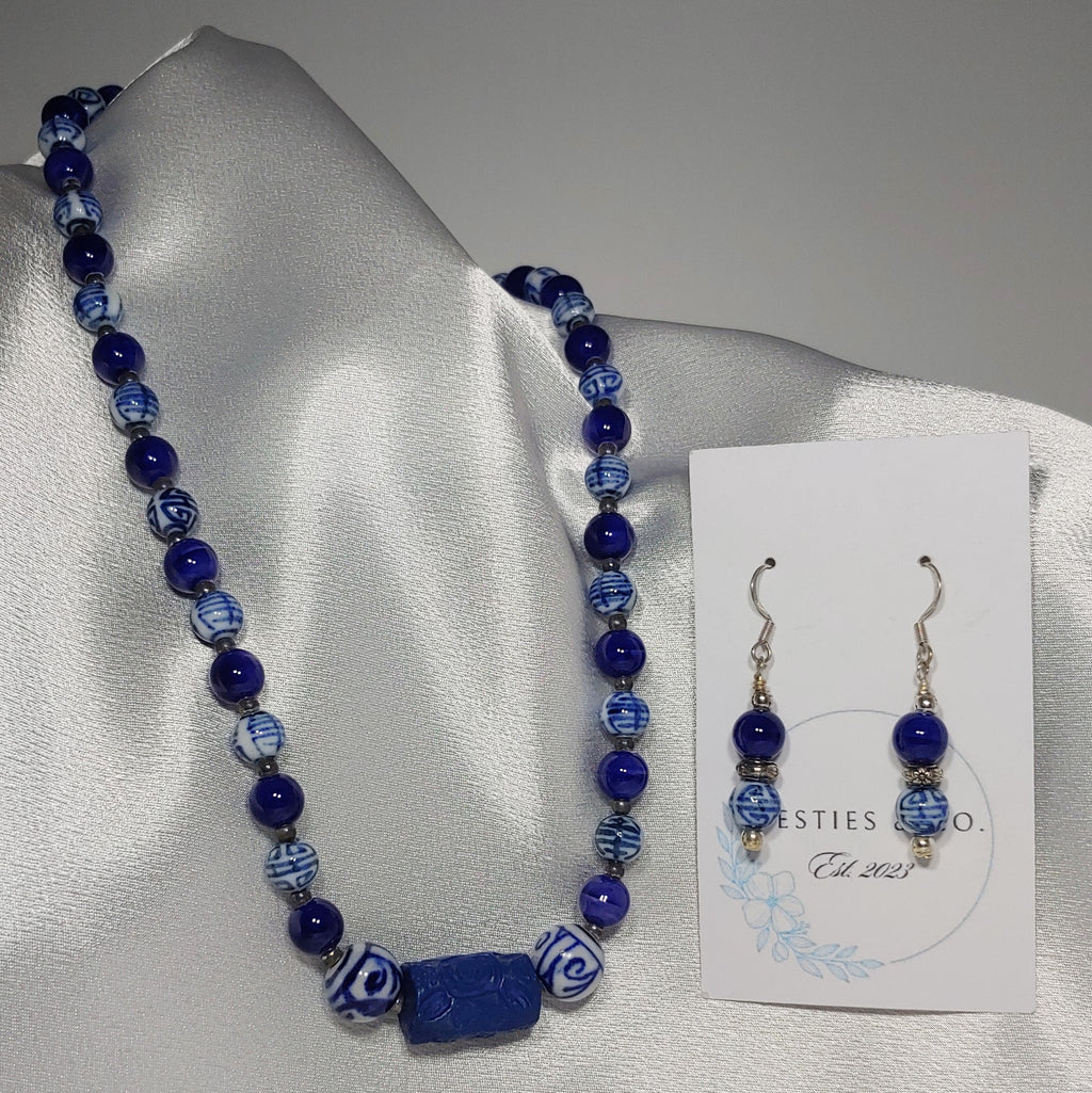 Oriental Navy Blue Necklace and Earrings