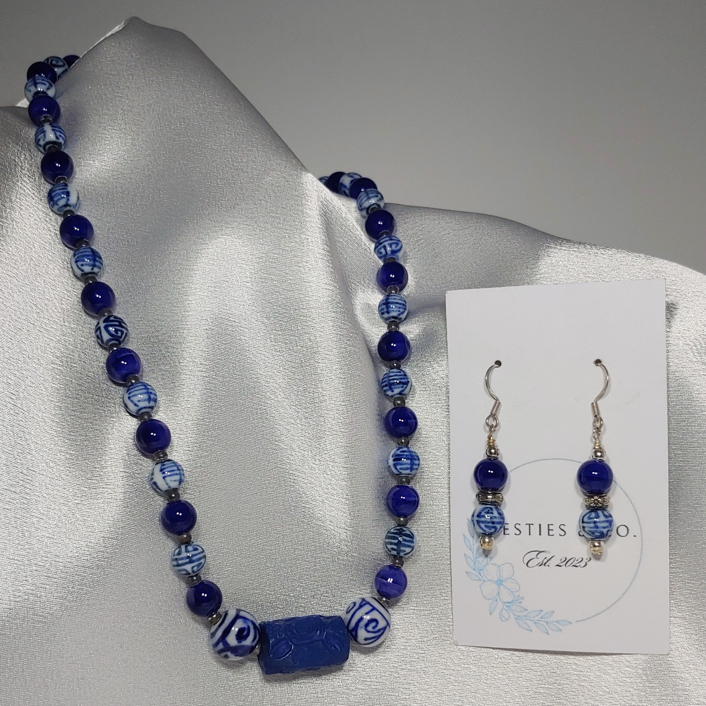 Oriental Navy Blue Necklace and Earrings