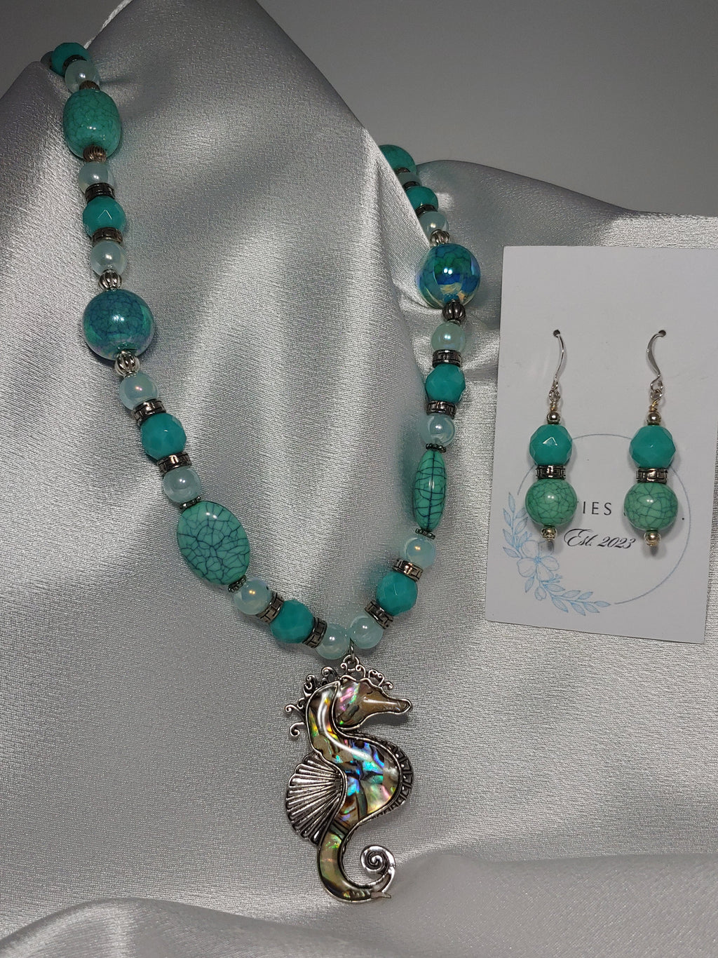 Mother of Pearl Seahorse Necklace w/ Earrings