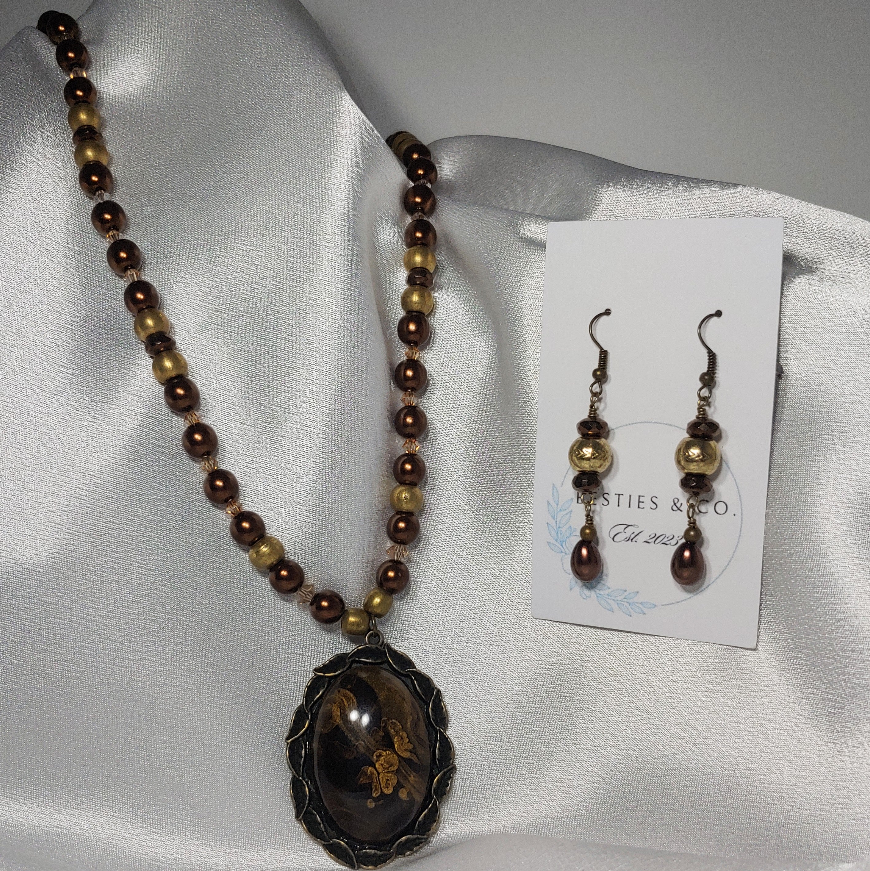 Antique Brass w/ Brown Necklace and Earrings