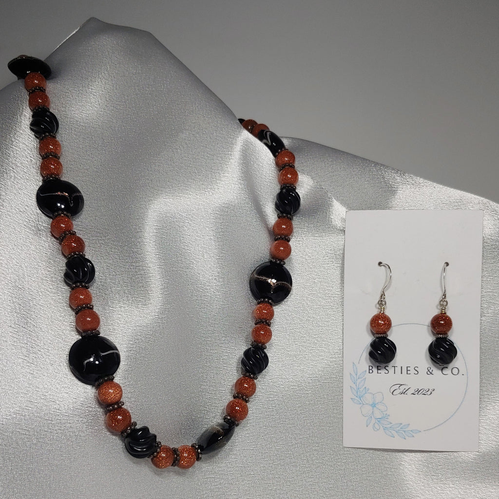 Goldstone and Black Necklace and Earrings
