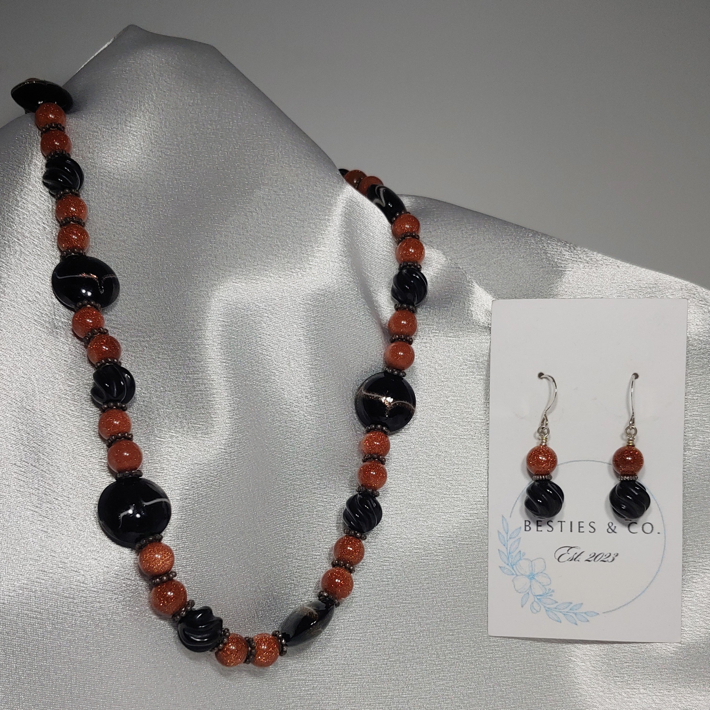 Goldstone and Black Necklace and Earrings