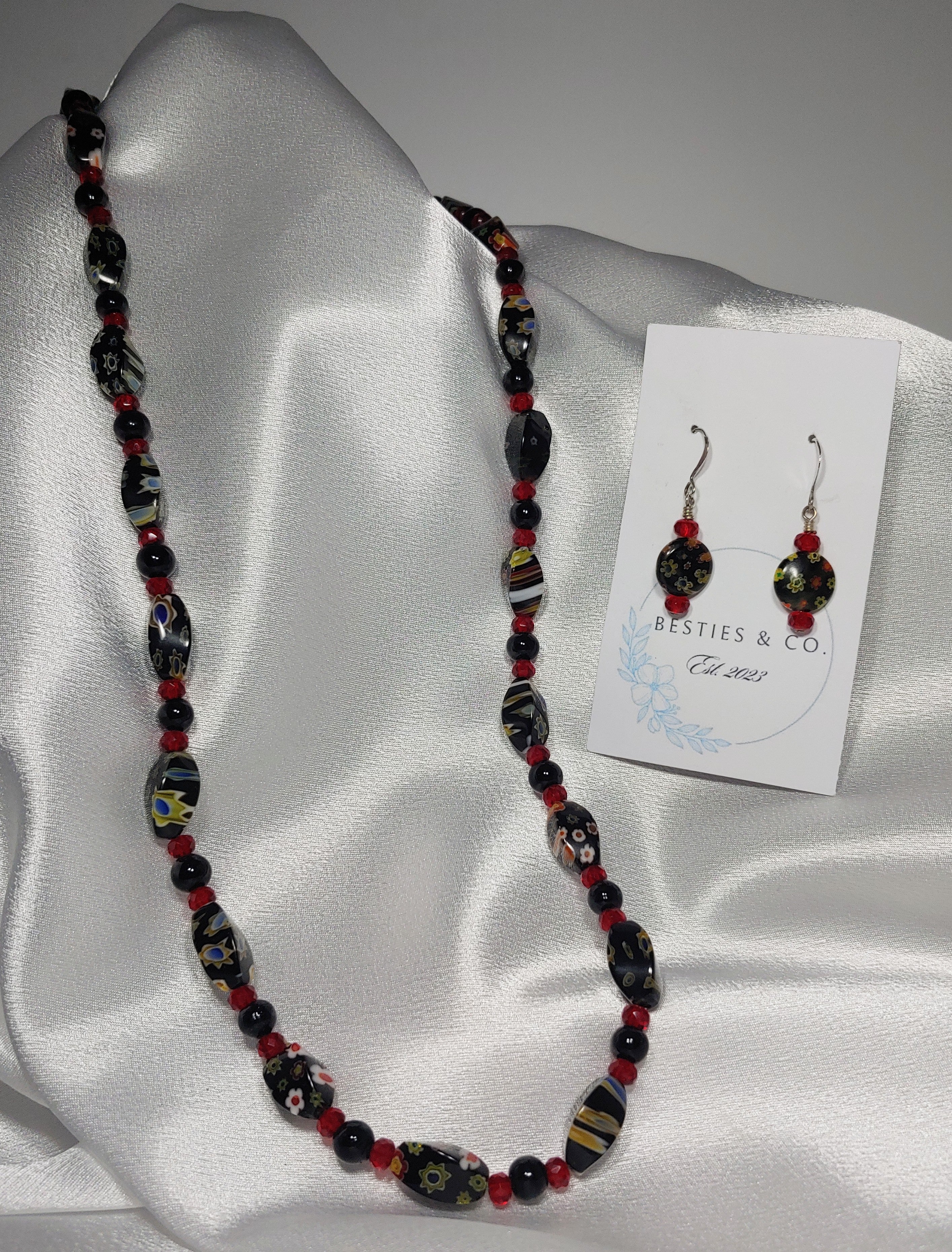 Millefoire Glass w/ Obsidian Necklace an Earrings