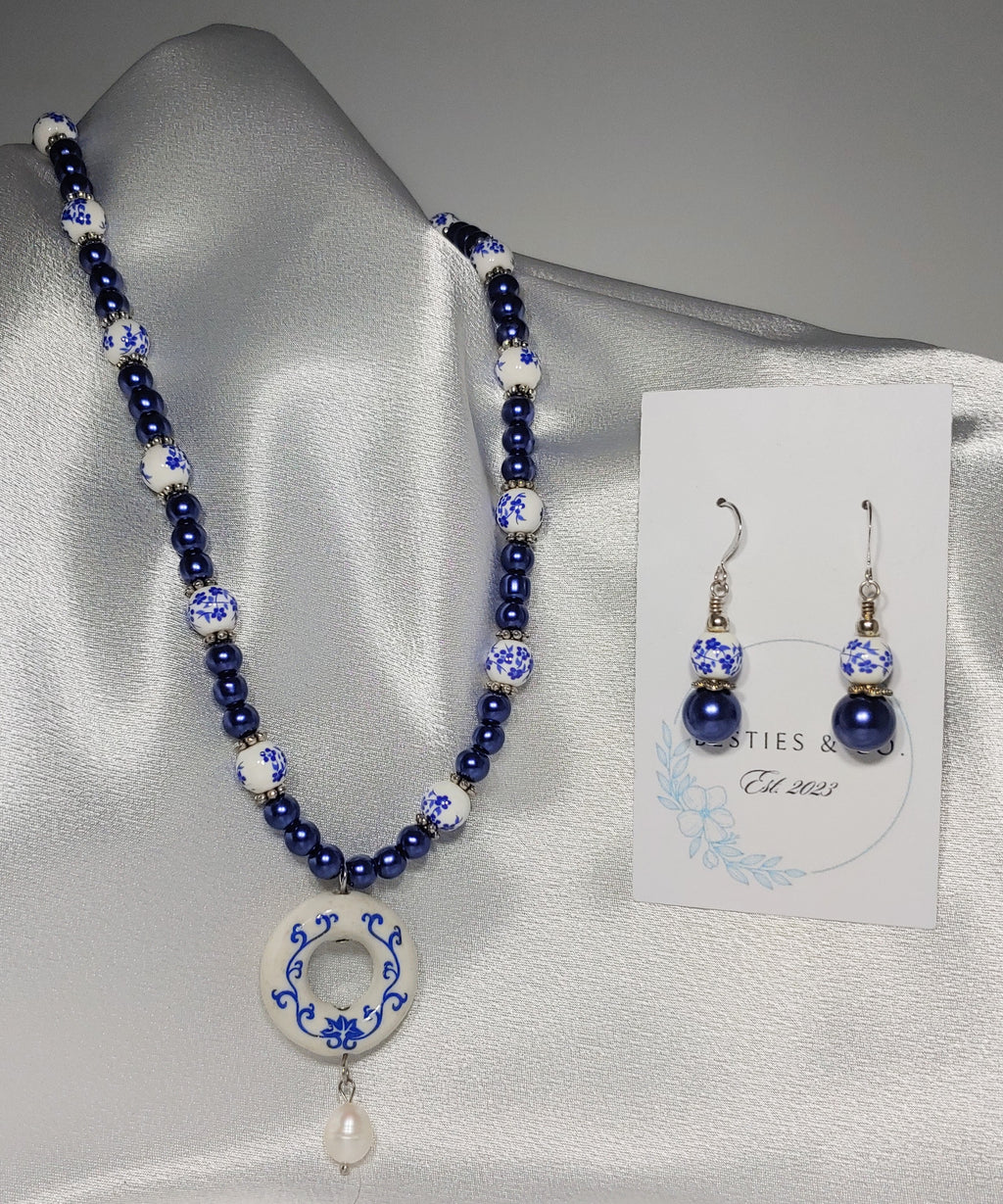 Navy Floral Necklace and Earrings