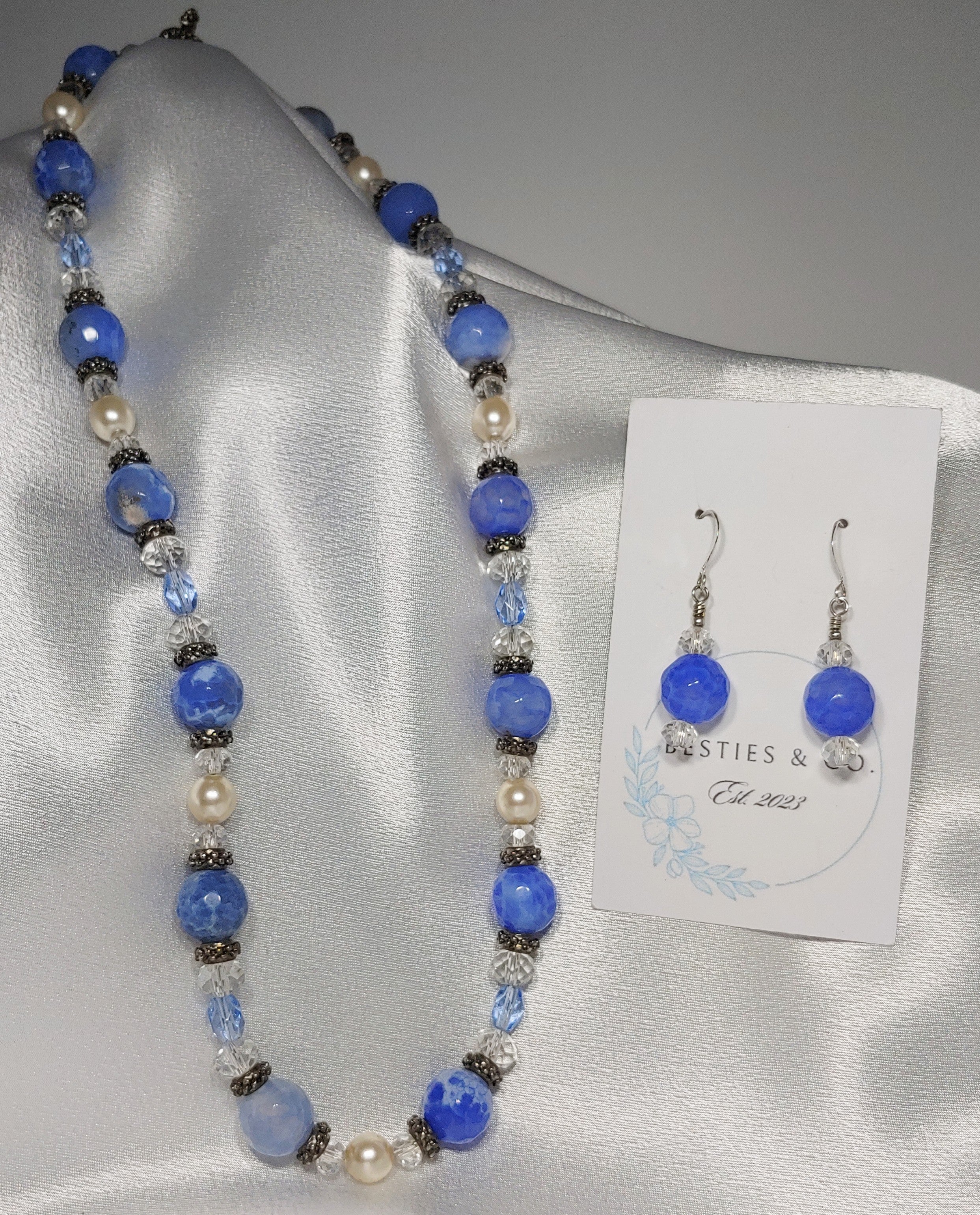 Blue/White Glass Bead Necklace and Earrings