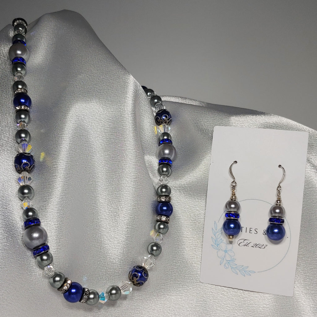 Blue & Grey Bead Necklace and Earrings