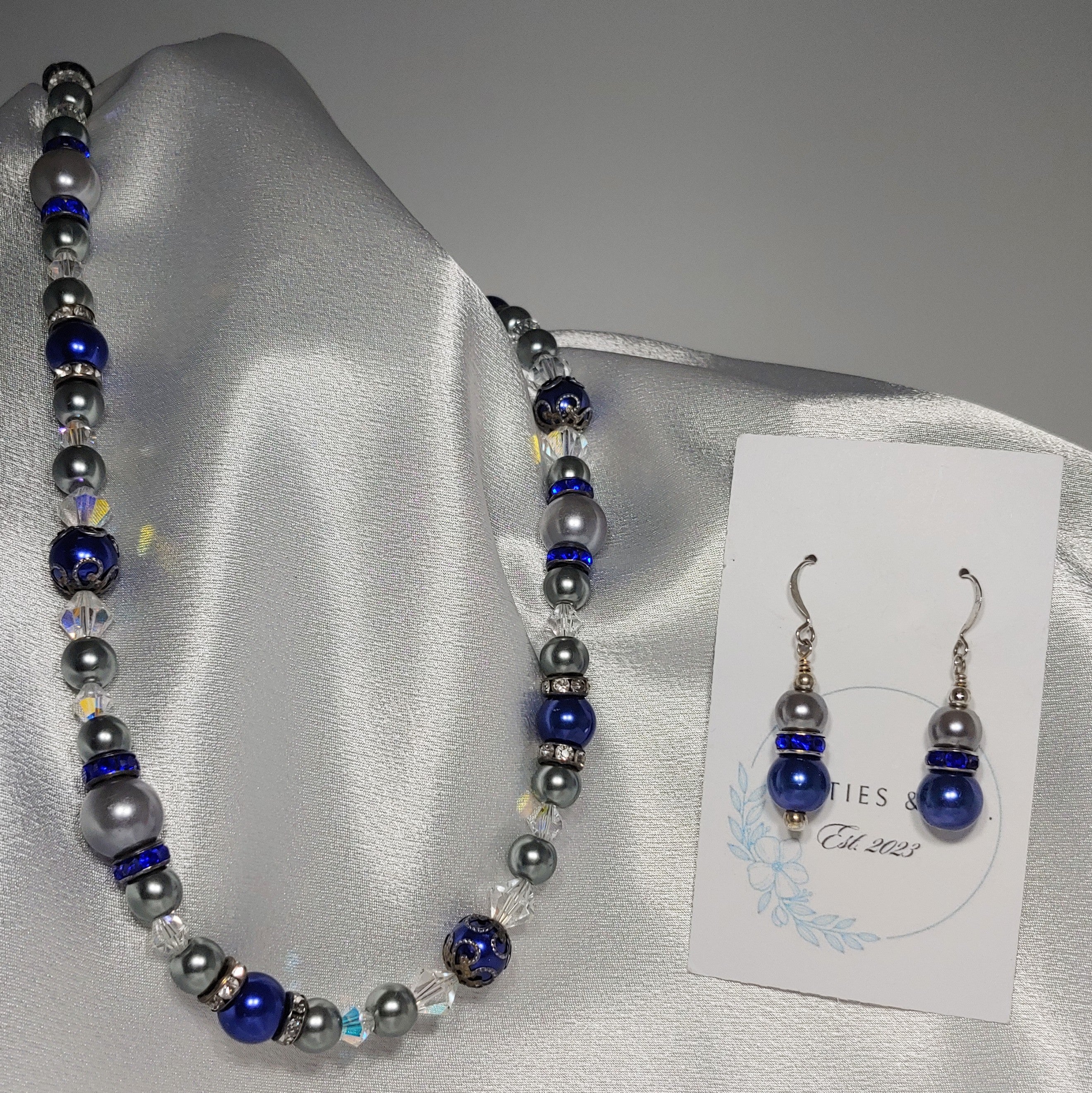 Blue & Grey Bead Necklace and Earrings