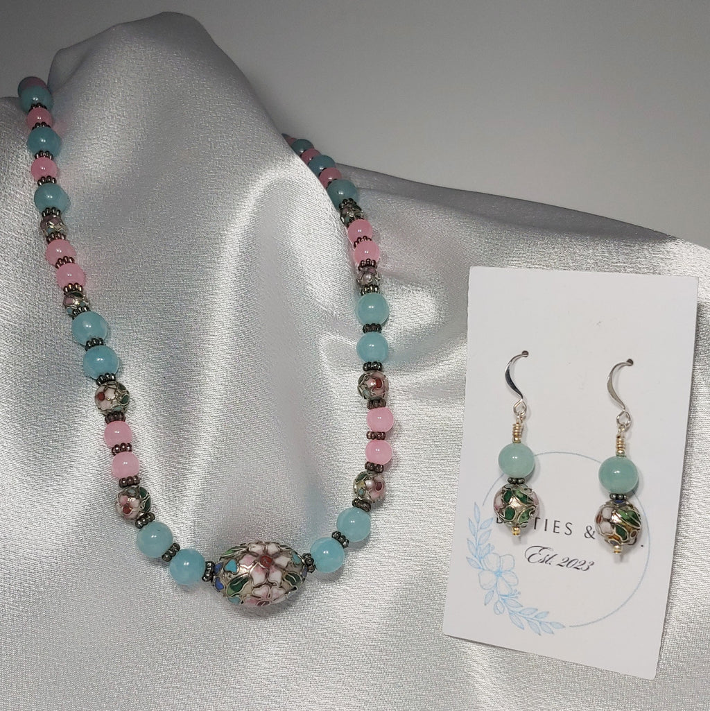 Pink & Green Cloisonne Necklace and Earrings