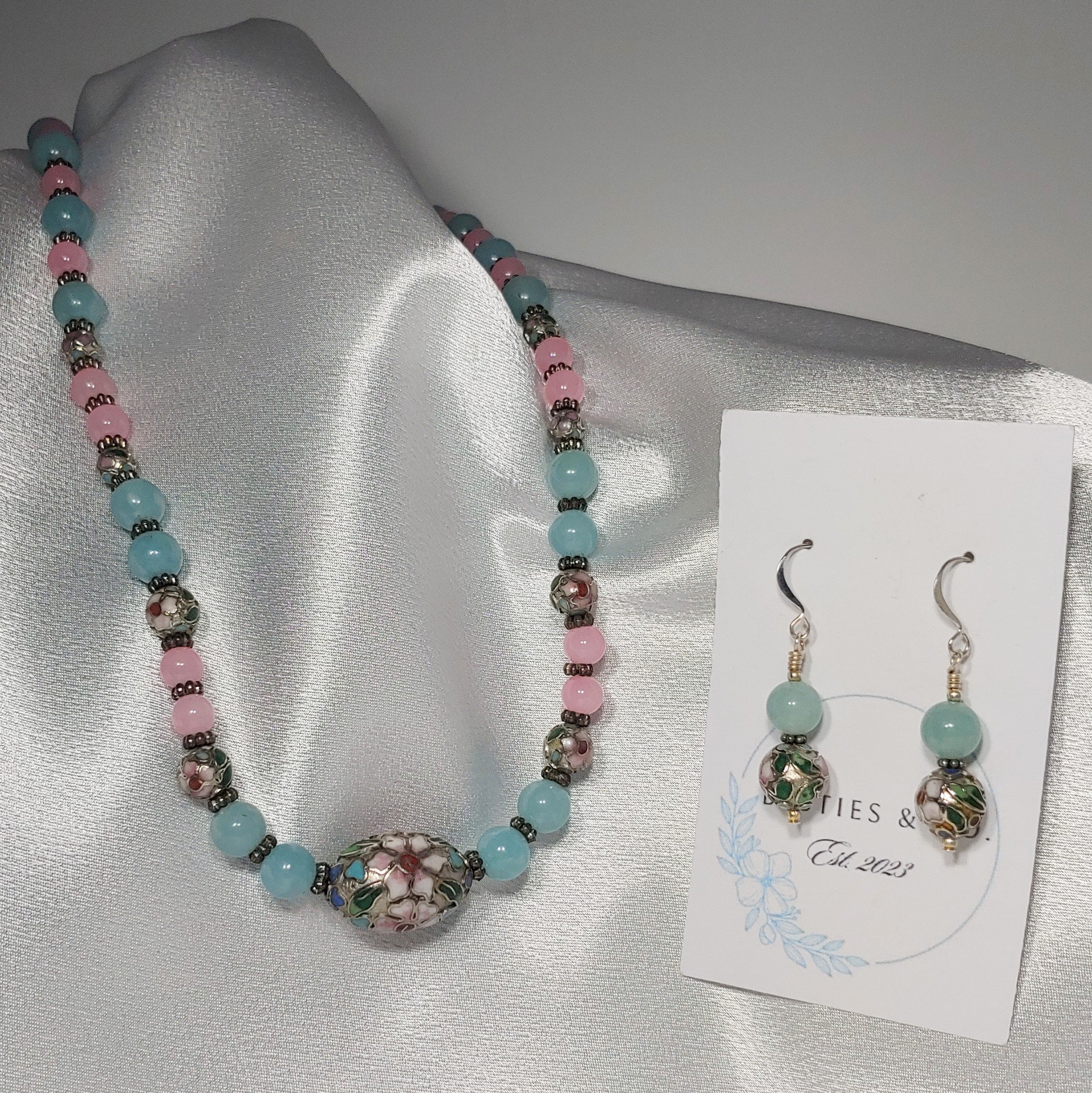 Pink & Green Cloisonne Necklace and Earrings