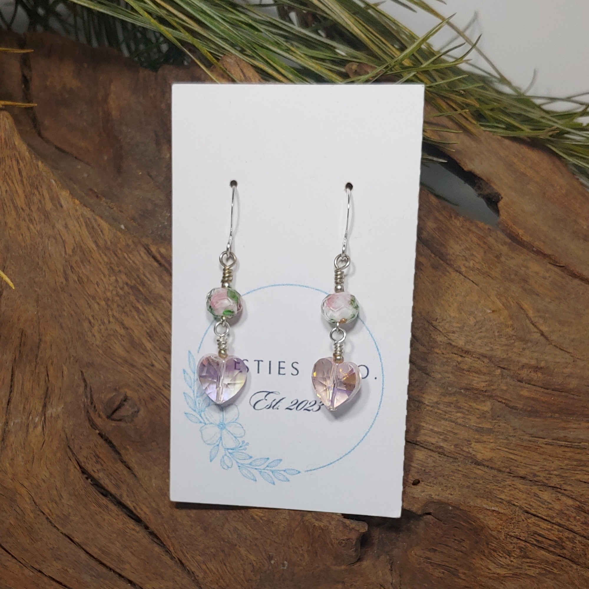 Pink Heart w/ Floral Earrings