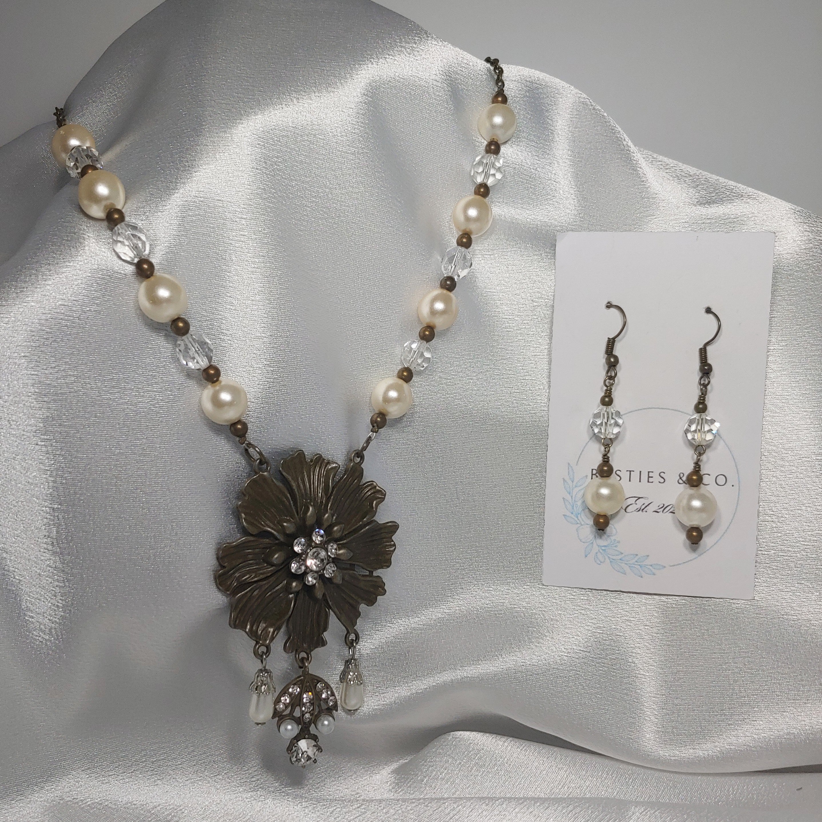 Antique Brass Flower Necklace and Earrings