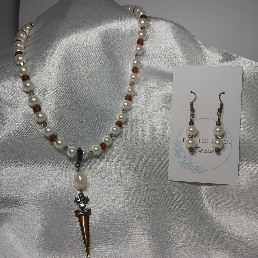 Pearl w/ Amber Necklace and Earrings