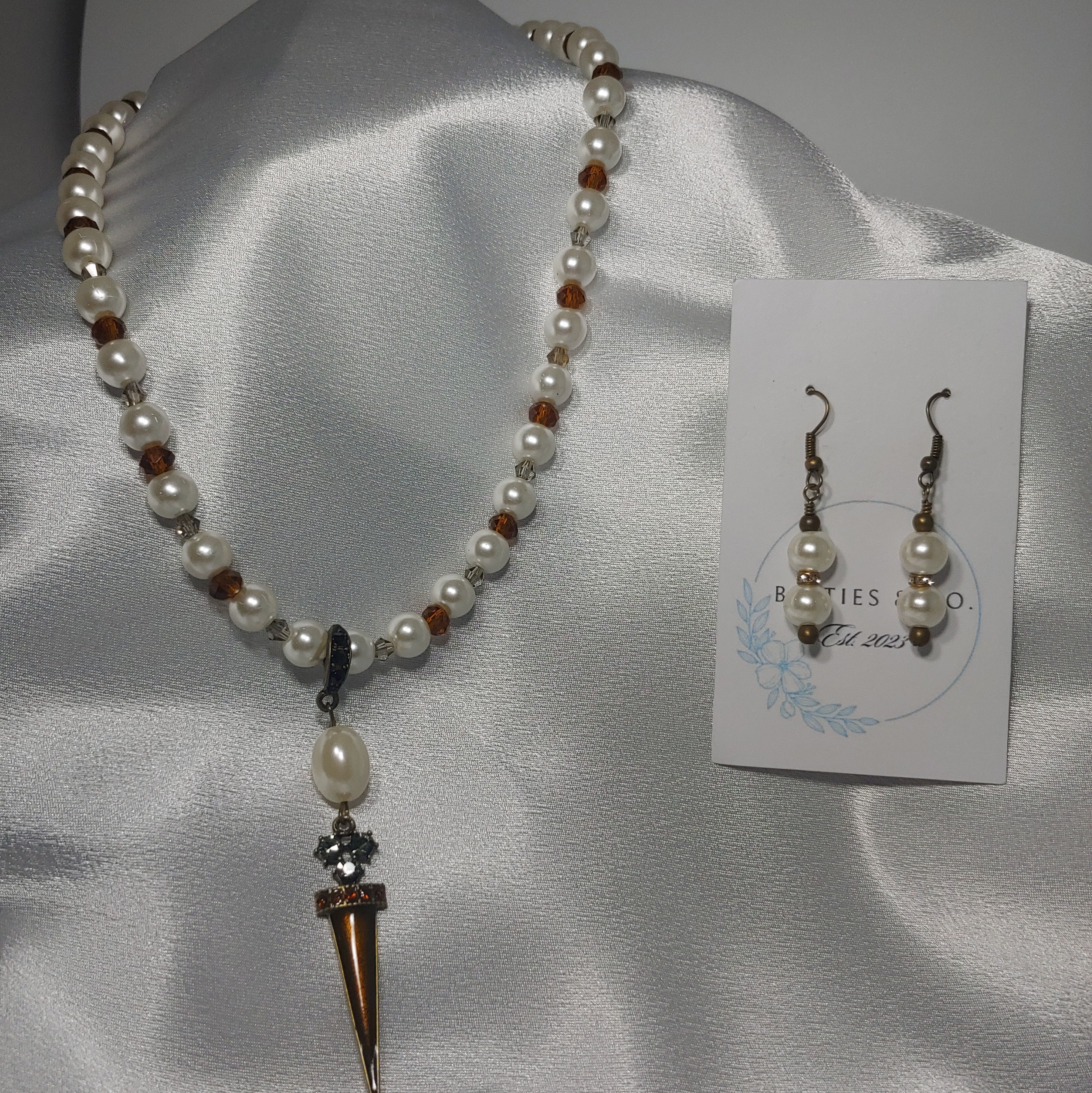 Pearl w/ Amber Necklace and Earrings