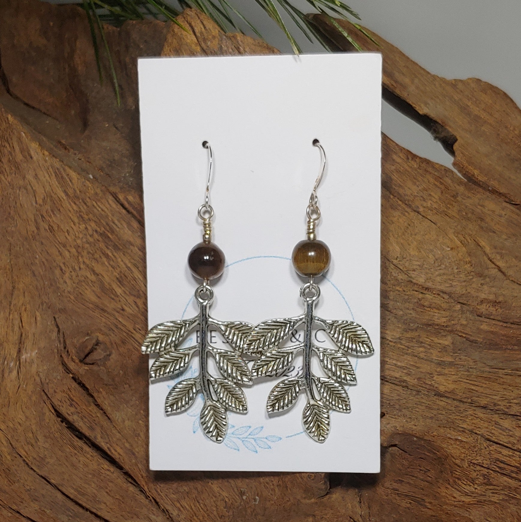 Leaves w Tigers Eye Earrings