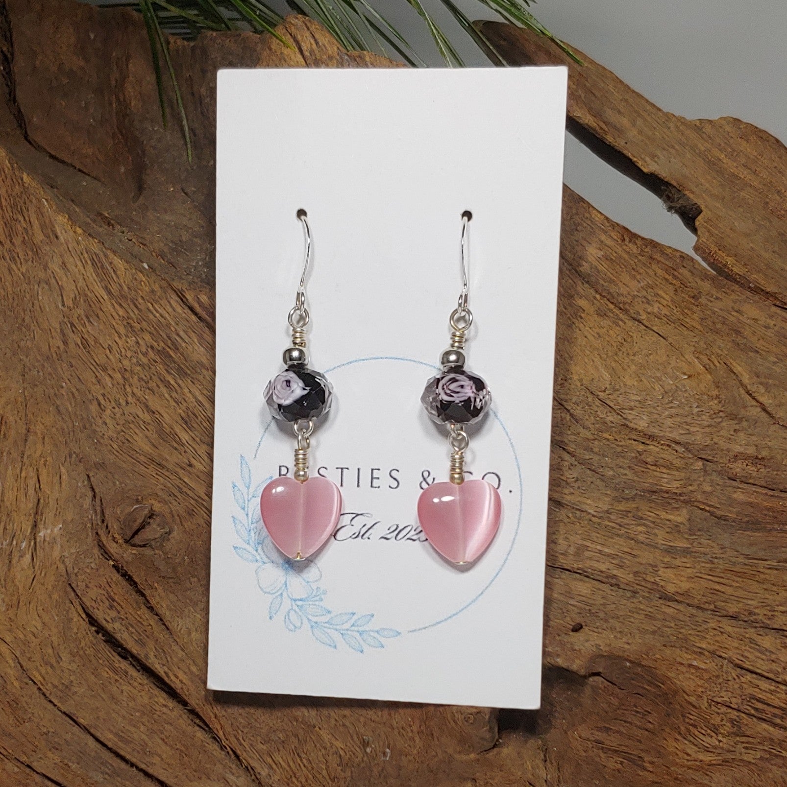 Pink Hearts w/ Black Lampwork Earrings