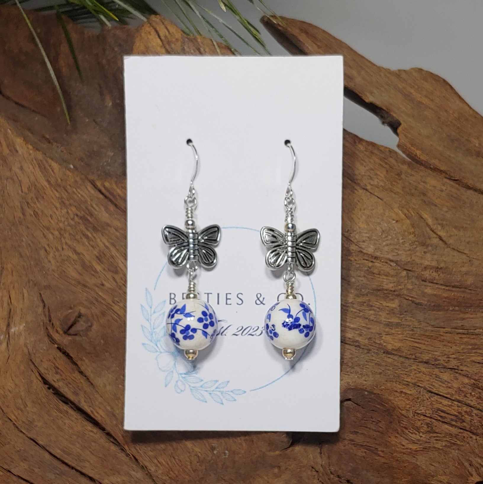 Butterfly w/ Blue Floral Earrings