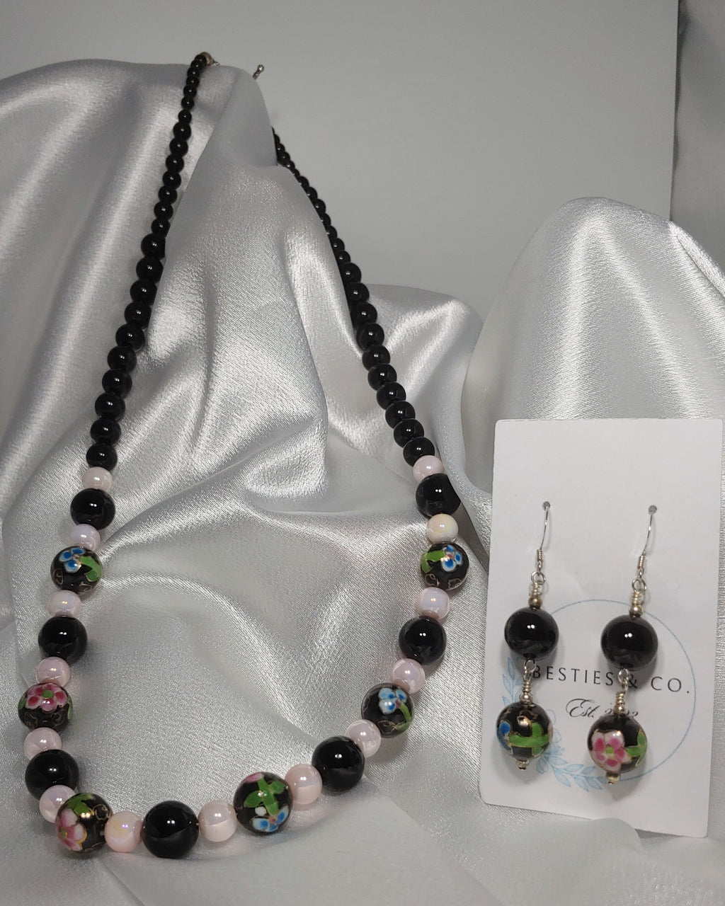 Pink and Black Floral Necklace and Earrings