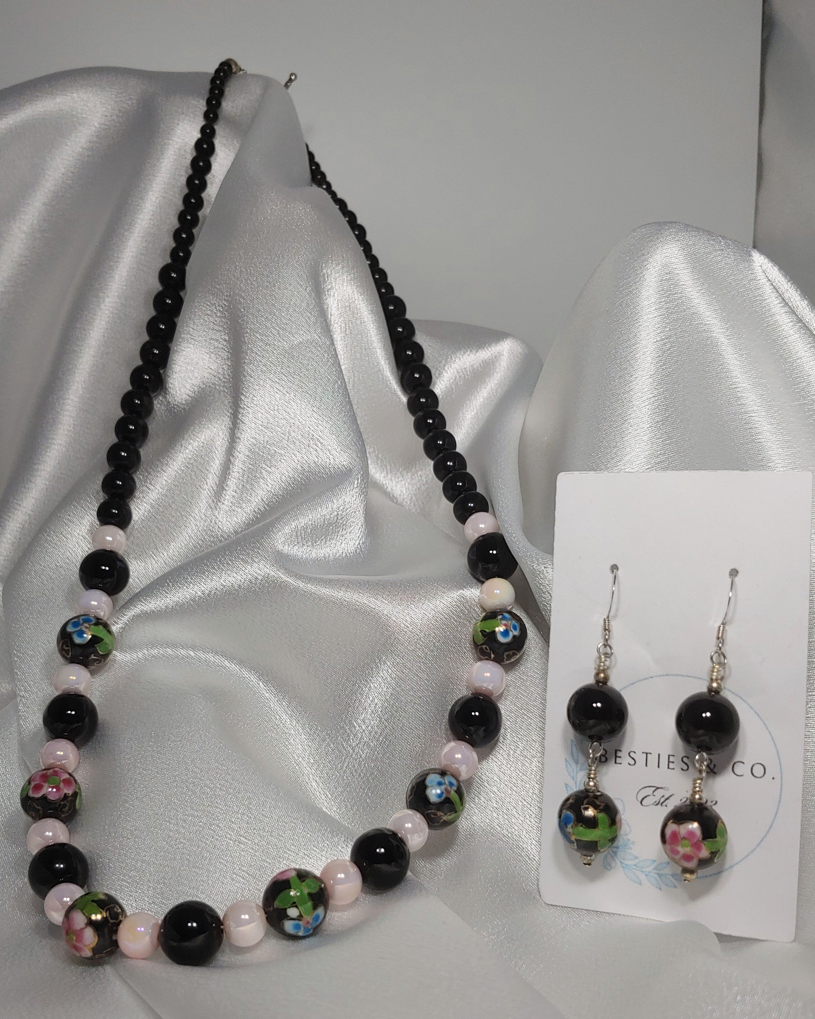 Pink and Black Floral Necklace and Earrings
