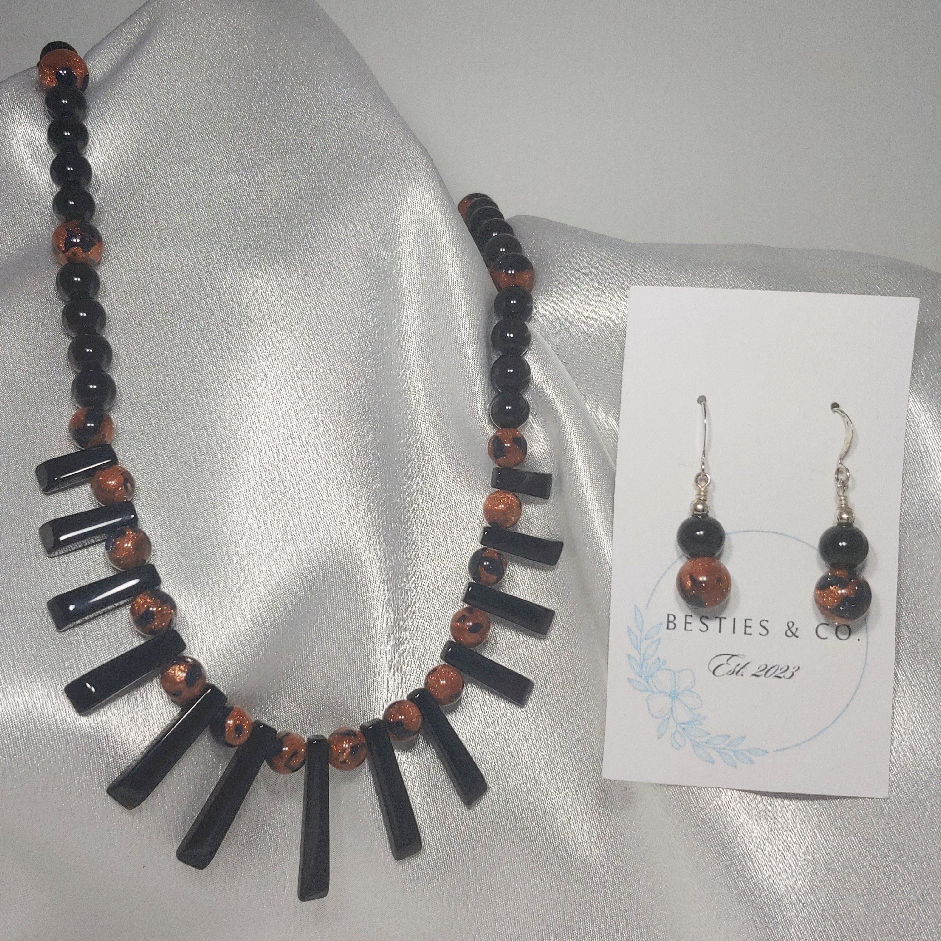 Black Onyx and Gold Stone Necklace and Earrings